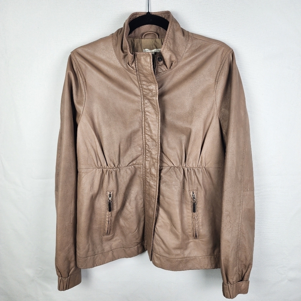 Vince 100% Leatherโ Tan Moto Waist Cinched Jacket Size Large Neutral Biker